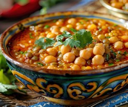 A vibrant bowl of soup with lentils, chickpeas, and spices