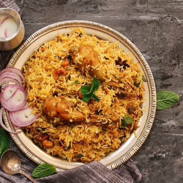 Chicken Kabsa - Homemade Arabian biryani  overhead view